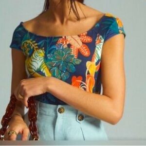 Maeve by Anthropologie XS Navy Blue Jungle Tiger Print Off-Shoulder Crop Top